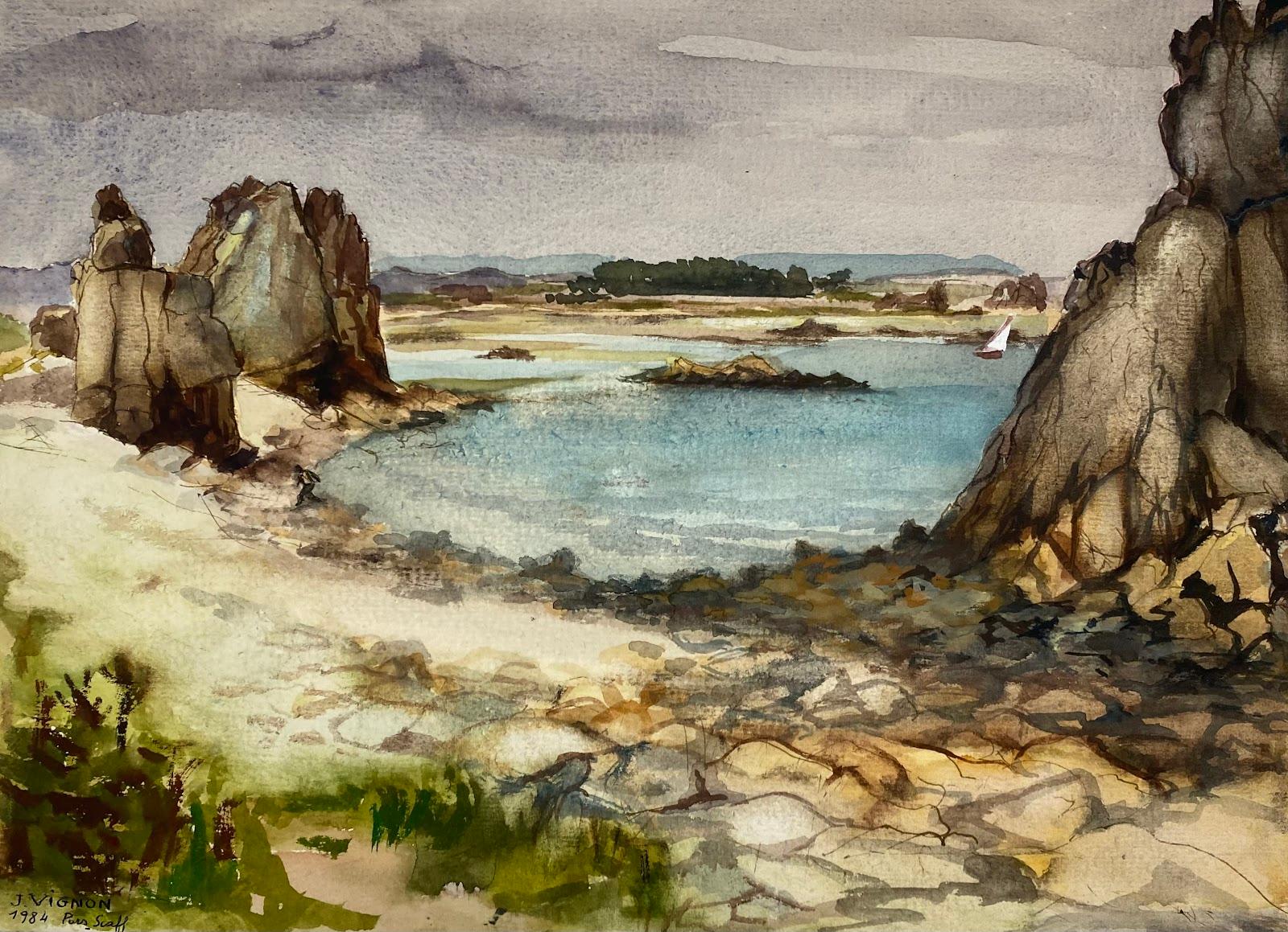 Josine Vignon Landscape Art – Postimpressionistisches Aquarellgemälde, Schöne Szene aus Pors Scaff, Bretagne