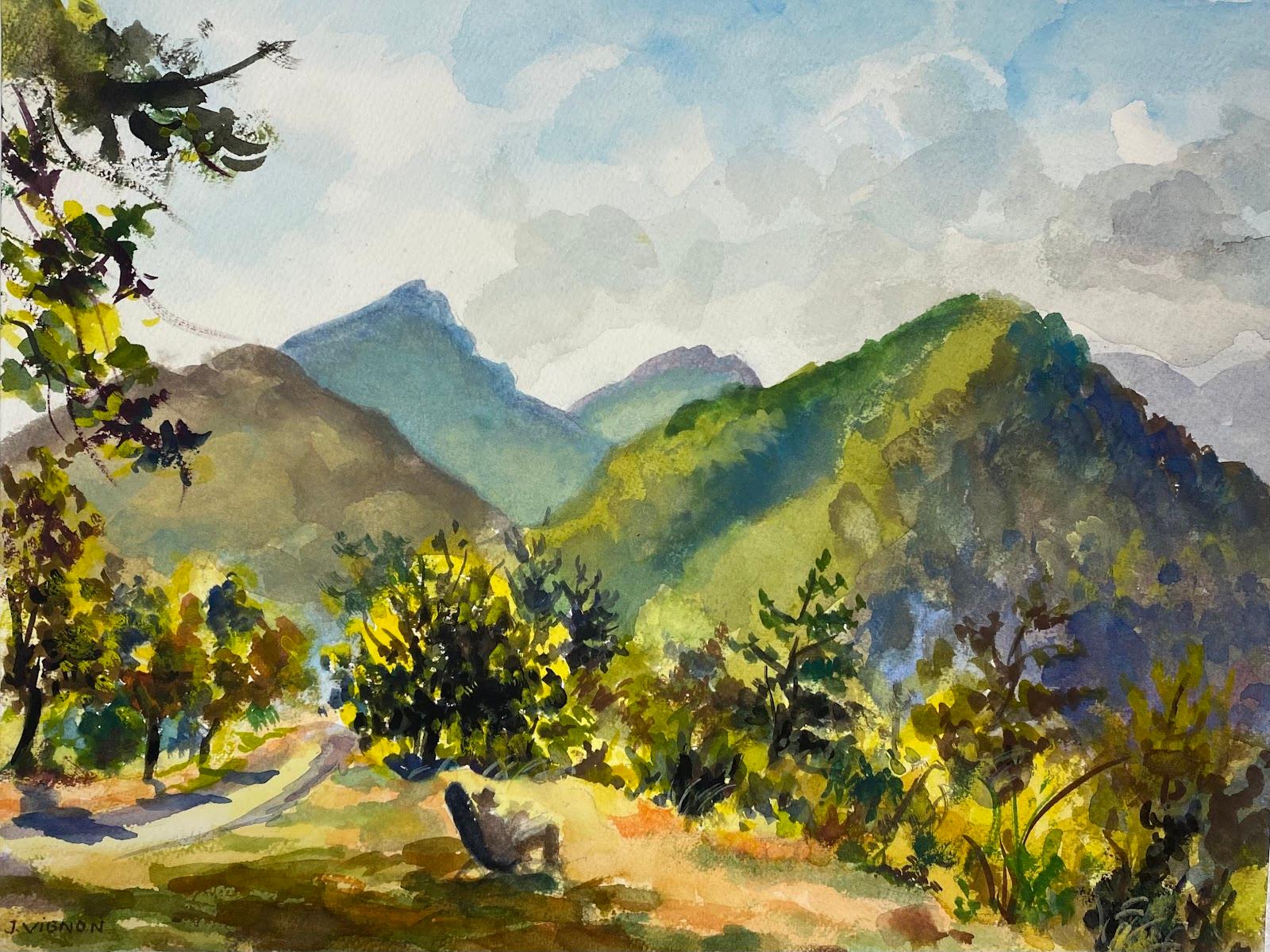 Josine Vignon Landscape Art – Postimpressionistisches französisches Aquarellgemälde, Das Dorf Thiery in der Provence.