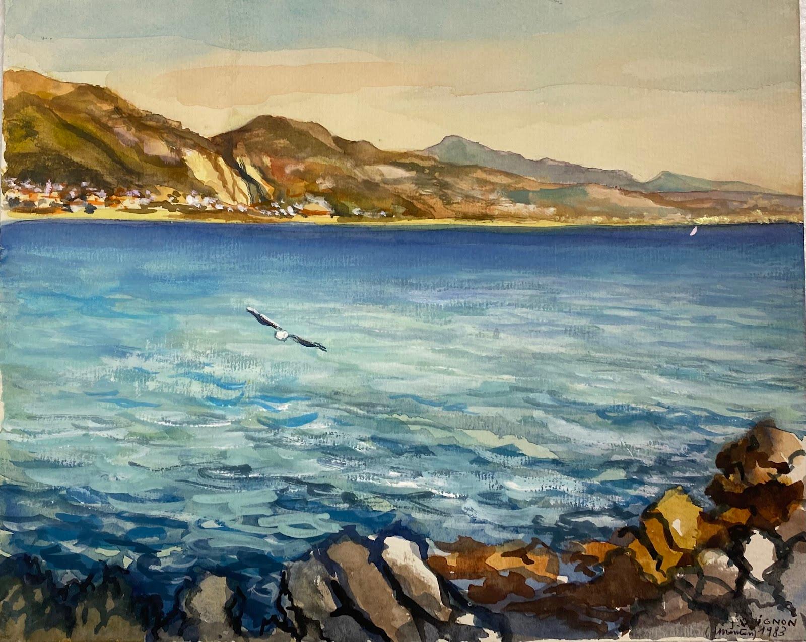 Josine Vignon Landscape Art - Post-Impressionist Painting Seascape of Roquebrune Cap Martin, Provence