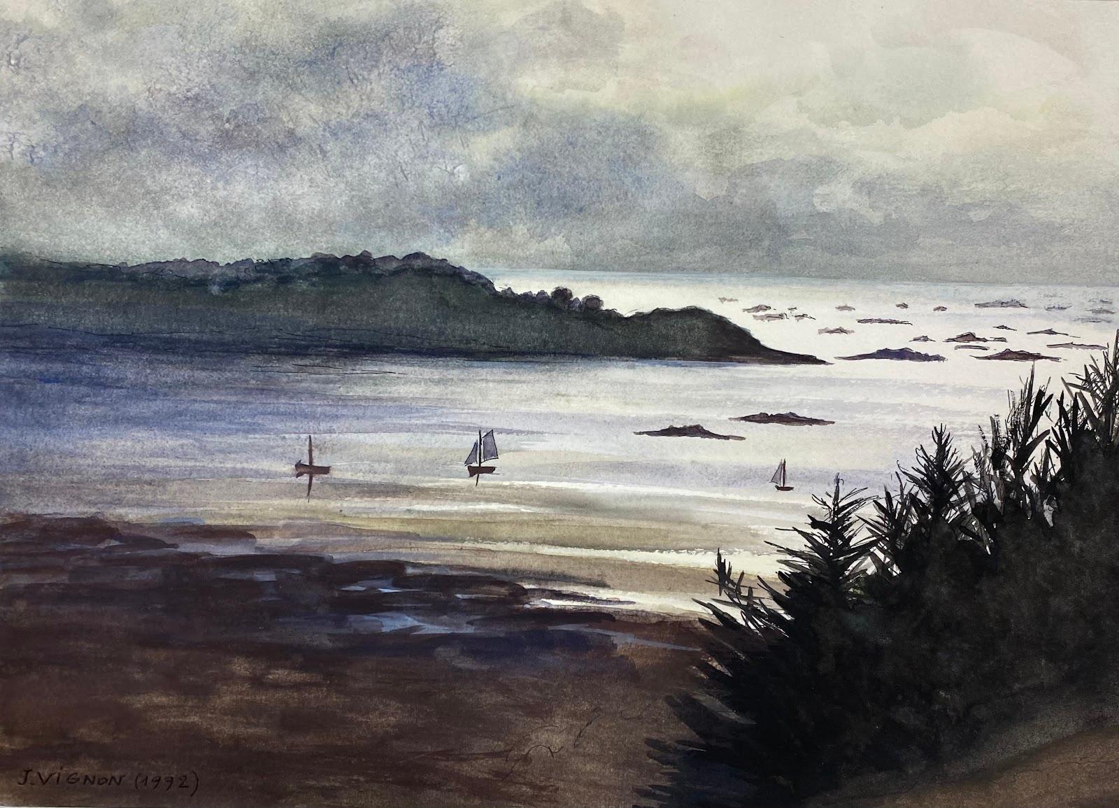 Josine Vignon Landscape Art - Post-Impressionist French Watercolour Painting The Trégon Estuary, Brittany