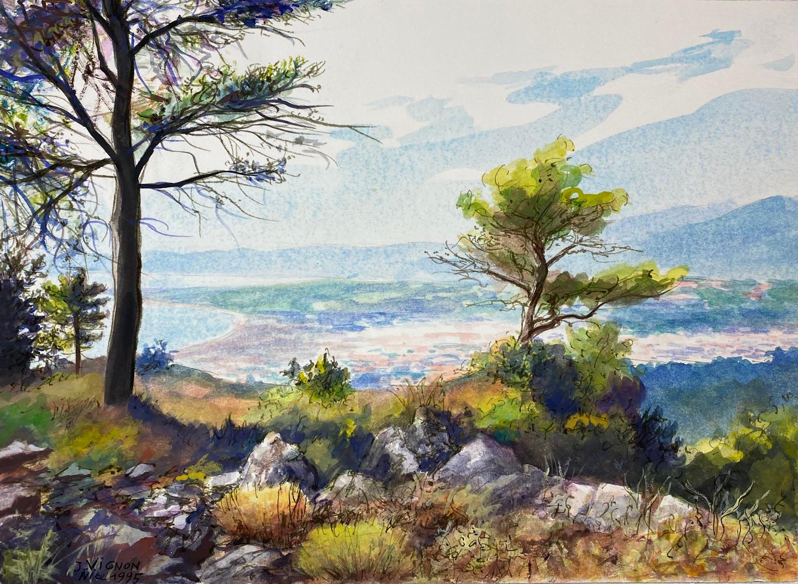 Josine Vignon Landscape Art - Post-Impressionist Watercolour Painting Landscape Overlooking The City Of Nice