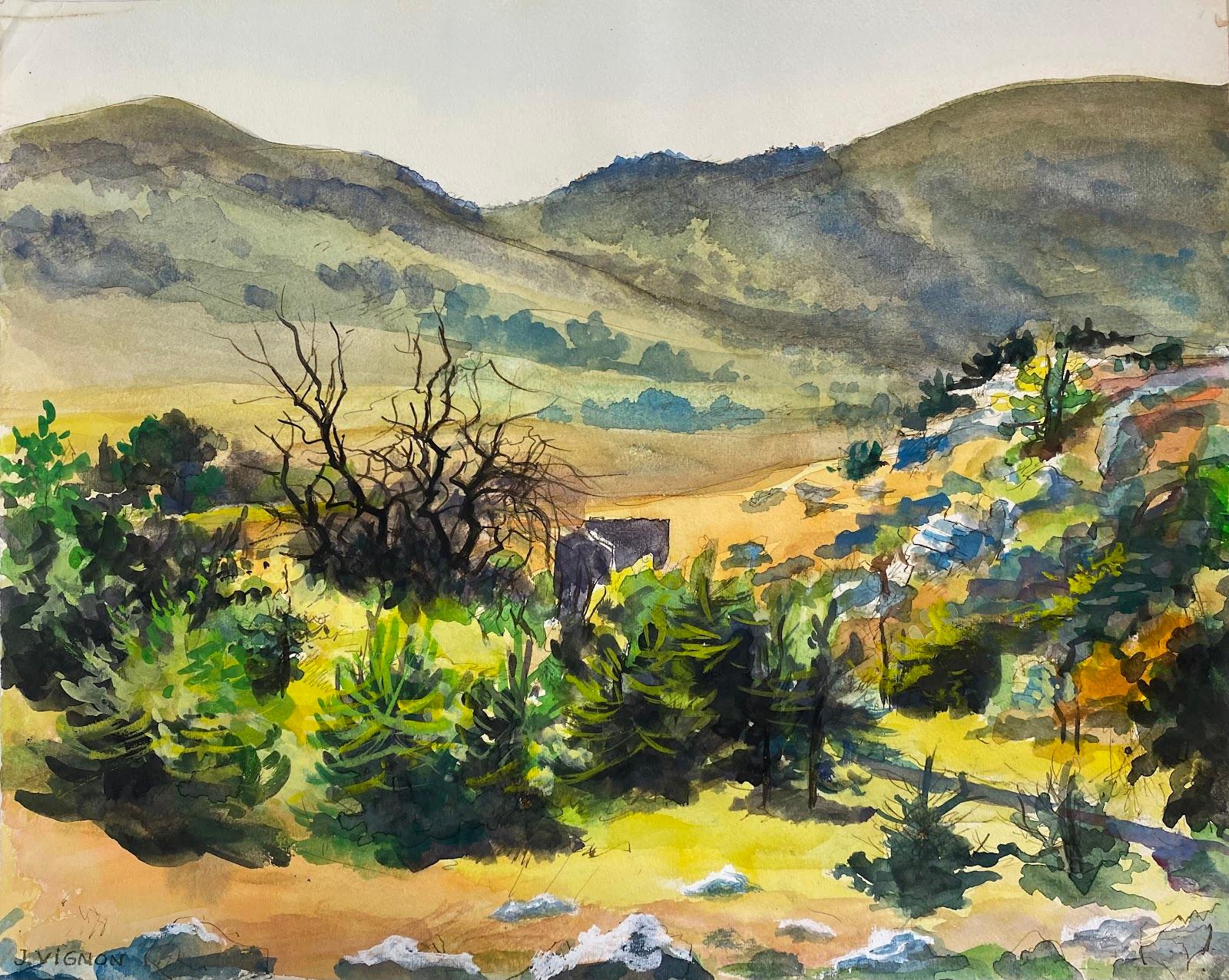 Josine Vignon Landscape Art - Post-Impressionist Watercolour Painting Landscape of Caussols Plateau, Provence