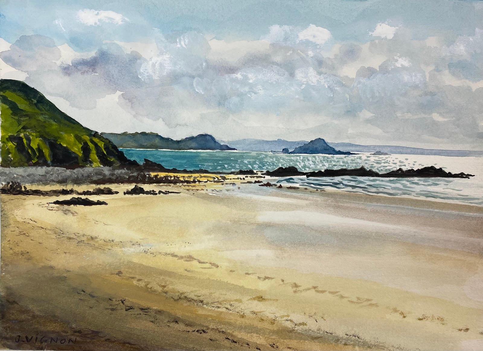 Josine Vignon Landscape Art - Post-Impressionist French Watercolour Painting The Beach Of Caroual, Erquy