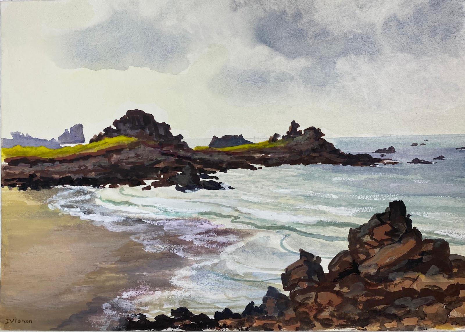 Josine Vignon Landscape Art - Post-Impressionist French Watercolour Painting Sandy Beach And Seascape 
