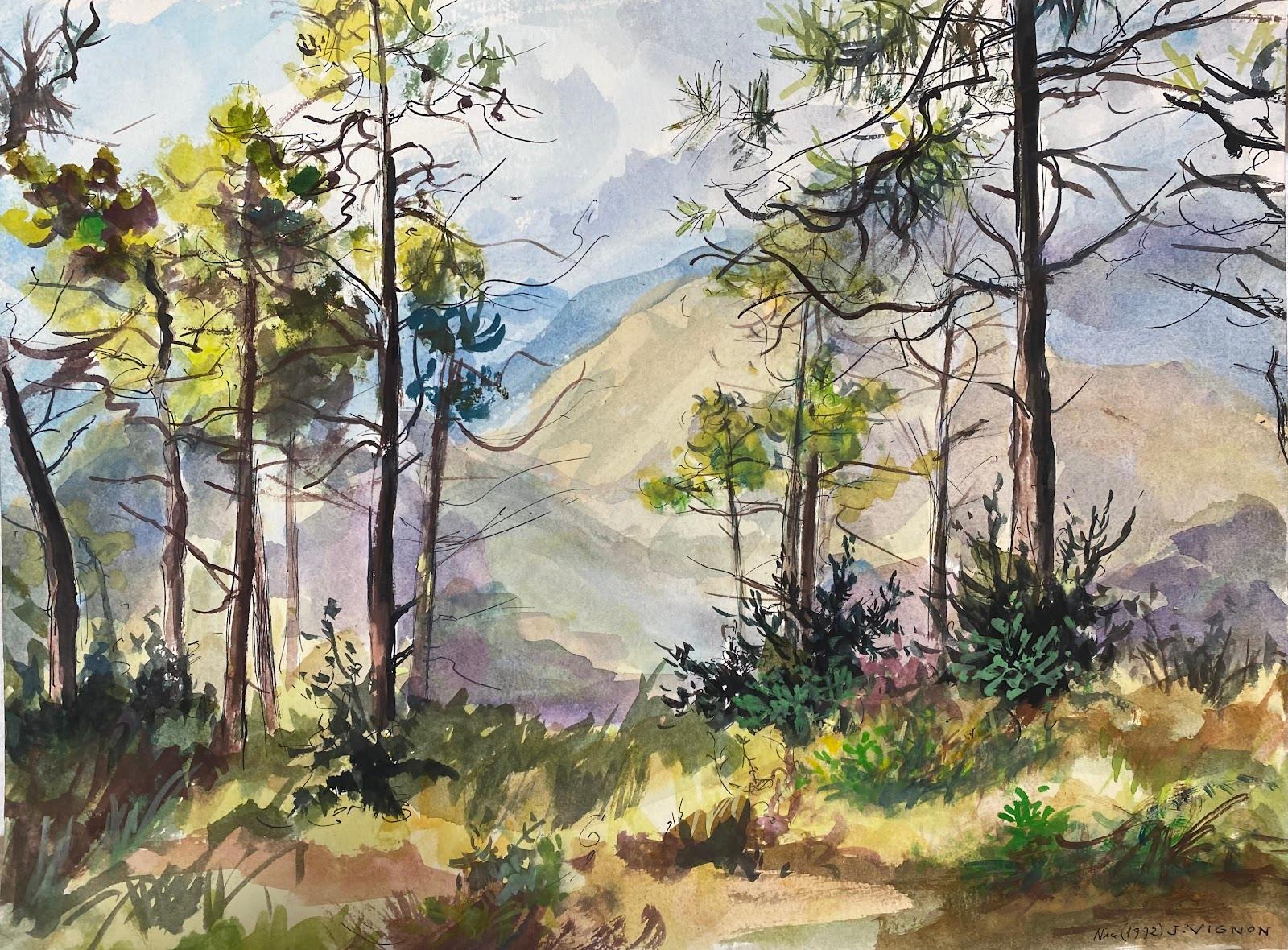 Josine Vignon Landscape Art – Postimpressionistisches französisches Aquarellgemälde „The Mountains Above Nice“