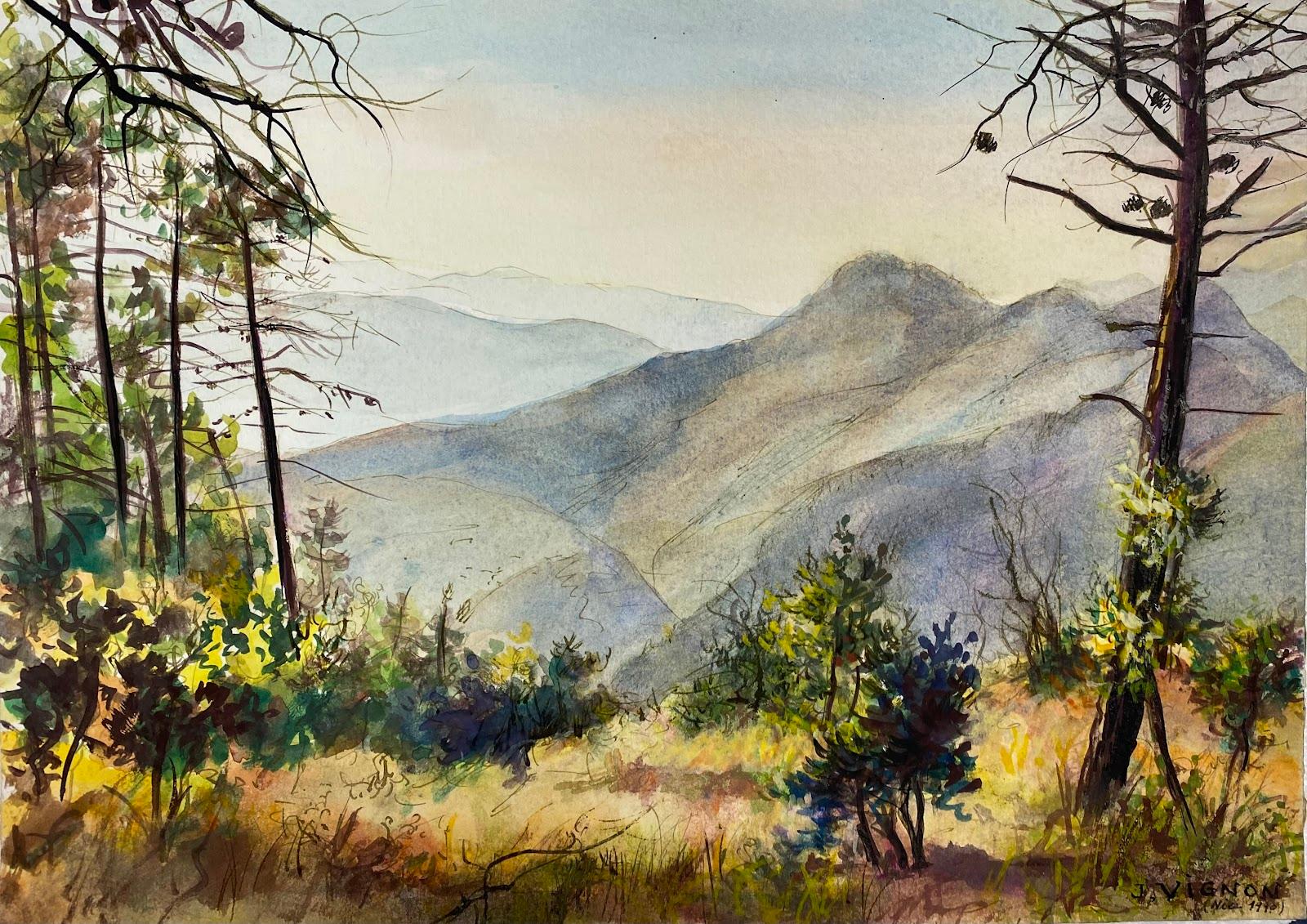 Josine Vignon Landscape Art - Post-Impressionist French Watercolour Painting The Mountains Behind Nice