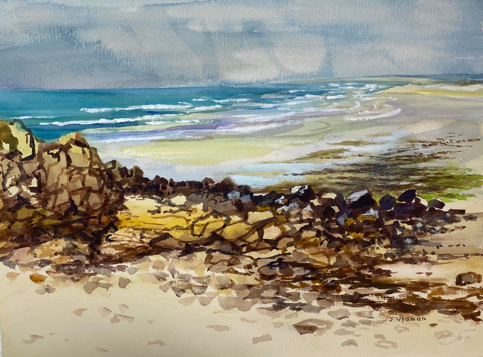 Josine Vignon Landscape Art - Post-Impressionist Watercolour Painting Low Tide At Pointe De La Torche Brittany