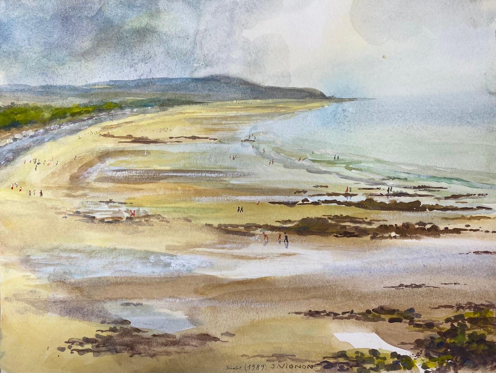 Landscape Art de Josine Vignon - Pintura Acuarela Postimpresionista La Playa De La Península De Cotentin Normandía