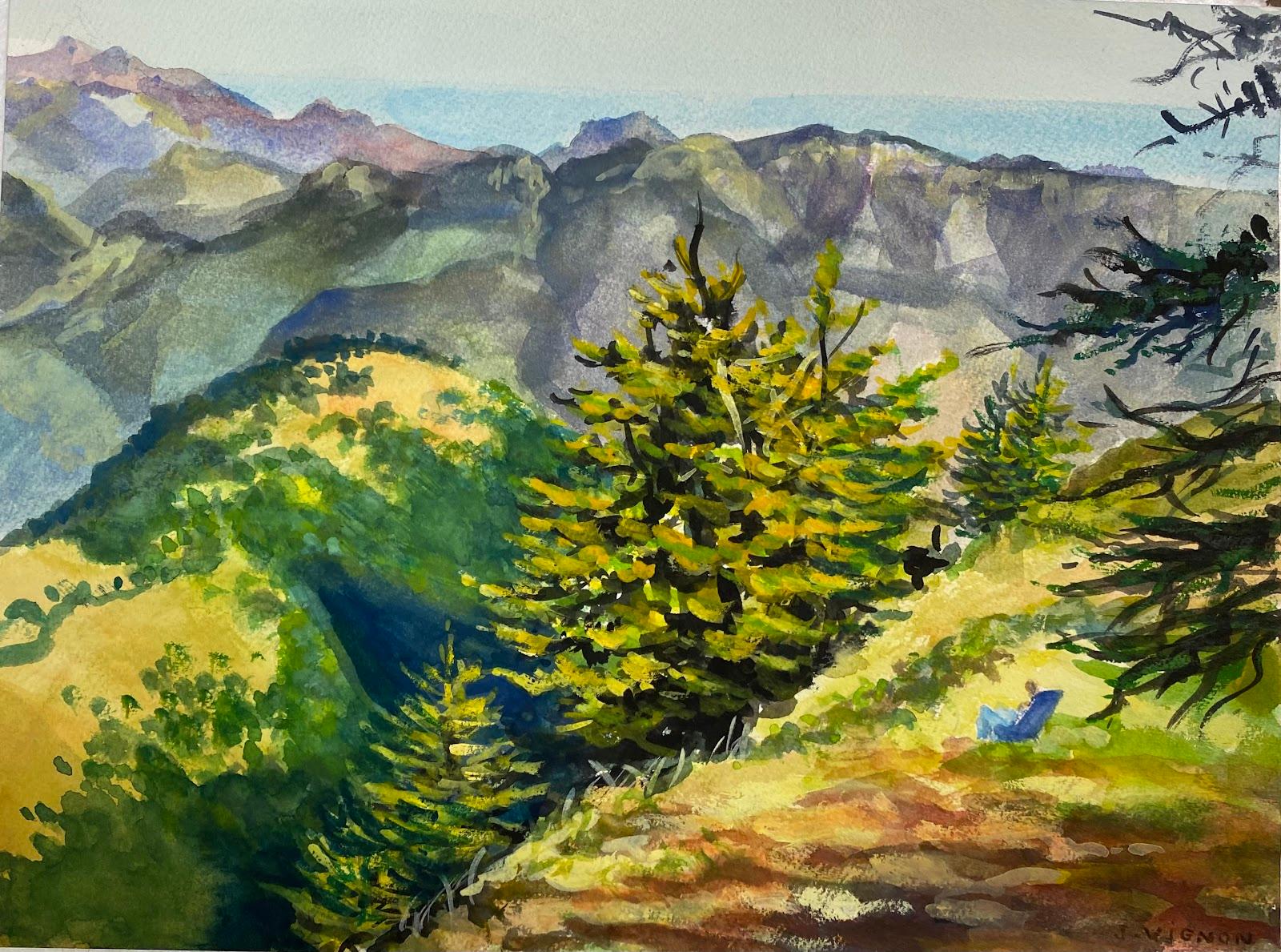 Josine Vignon Landscape Art - Post-Impressionist Watercolour Painting  The Mountains Of Cerisé, Normandy