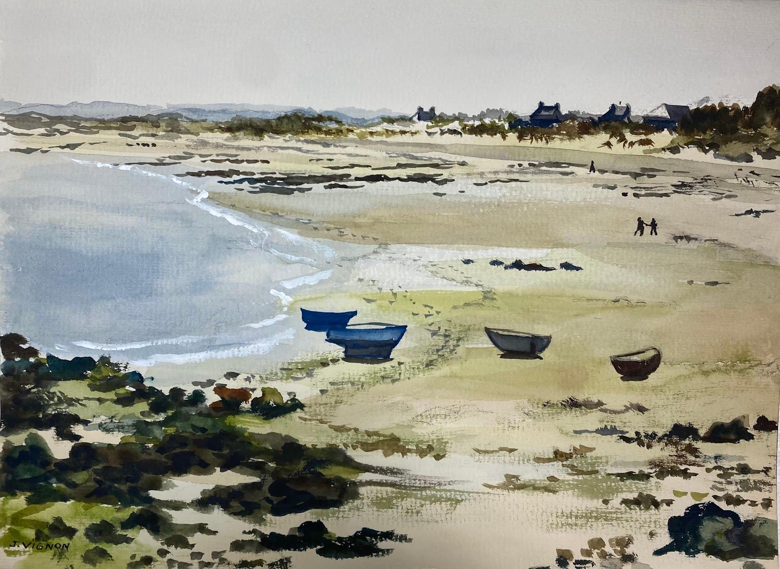 Josine Vignon Landscape Art – Postimpressionistisches französisches Aquarellgemälde „Der Strand von Port Caen“, Bretagne