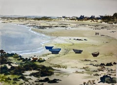 Peinture à l'aquarelle française post-impressionniste - La plage de Port Caen, Bretagne