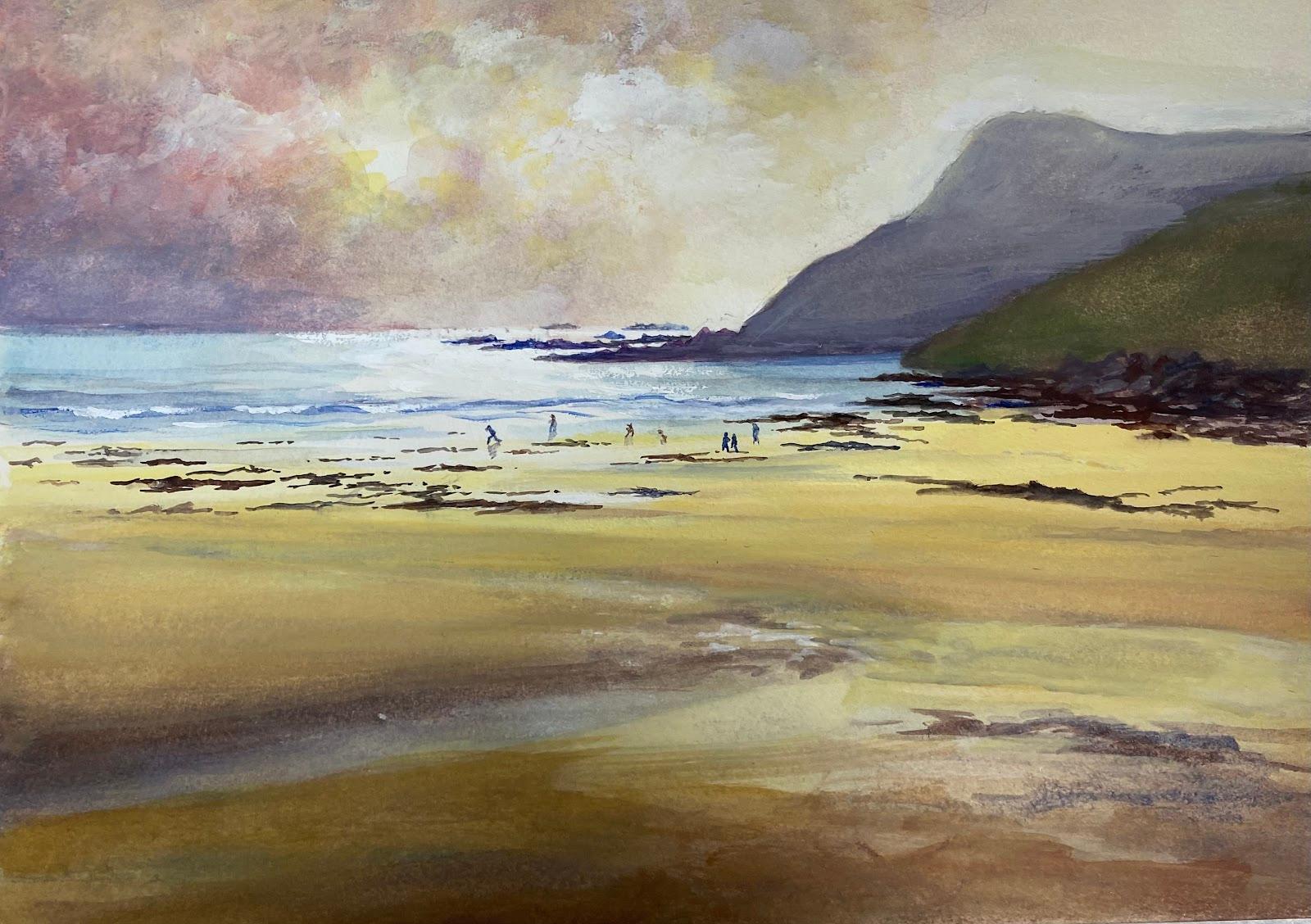 Landscape Art Josine Vignon - Aquarelle post-impressionniste française Coucher de soleil sur la plage Paysage