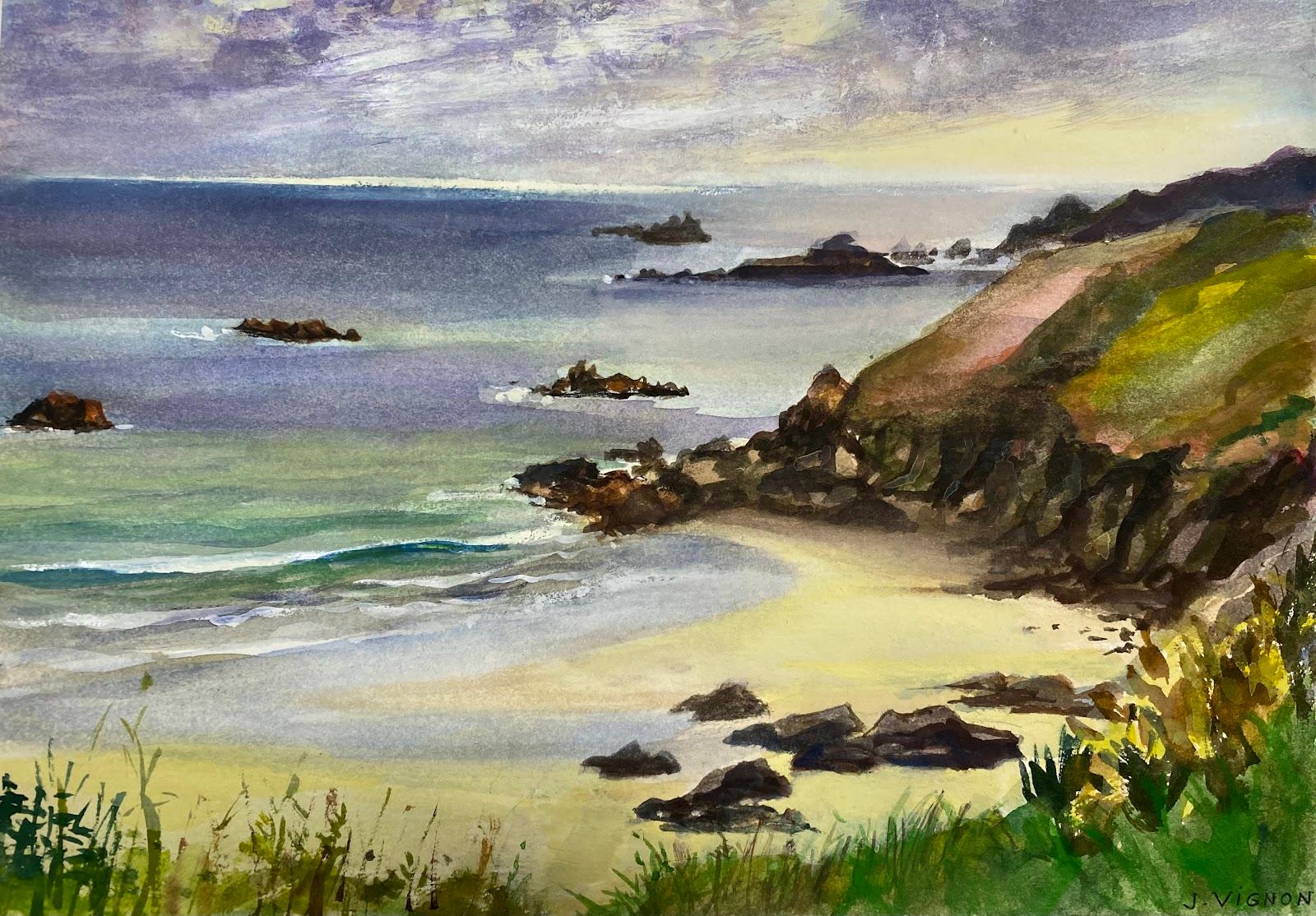 Post-Impressionist French Watercolour Painting Plouha Beach at Dusk, Brittany