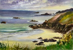 Peinture à l'aquarelle française post-impressionniste représentant la plage de Plouha au crépuscule, Bretagne