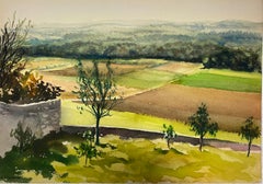 Peinture à l'aquarelle française post-impressionniste - Paysage ouvert vert d'été