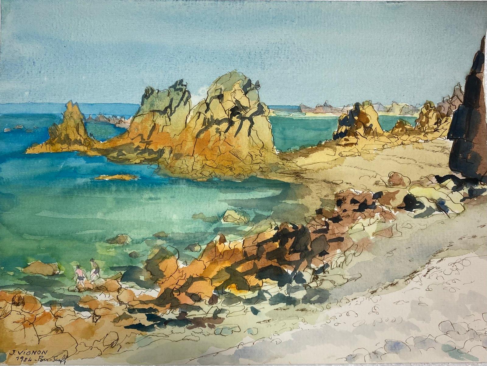 Josine Vignon Landscape Art – „Postimpressionistisches Aquarellgemälde „ Türkis Meer in Pors Scaff, Bretagne“