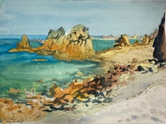 " Peinture à l'aquarelle post-impressionniste Turquoise Sea At Pors Scaff, Bretagne "