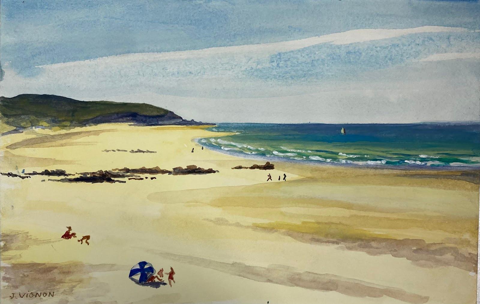 Josine Vignon Landscape Art - Post-Impressionist Watercolour Painting Yellow Sandy Beach Summer Landscape 