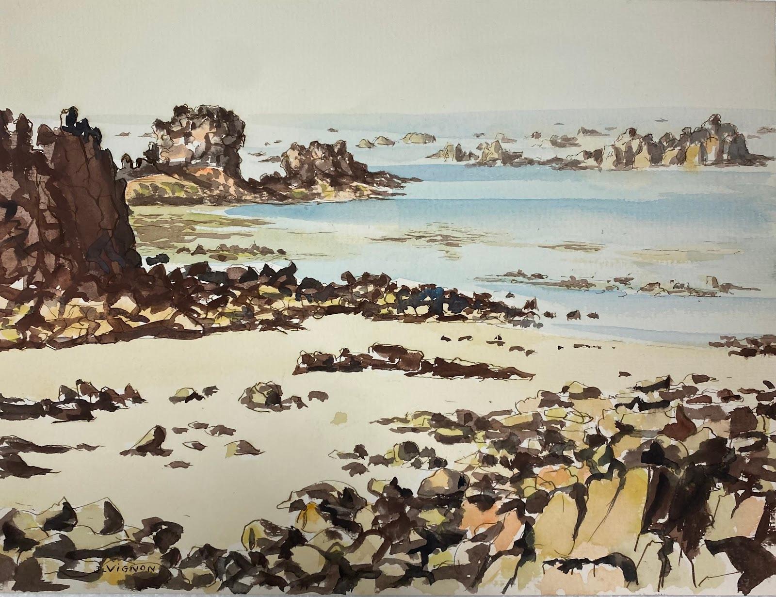 Josine Vignon Landscape Art - Post-Impressionist French Watercolour Painting Rocky Blue Sea Coastal Landscape
