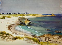 Postimpressionistisches französisches Aquarellgemälde, Friedenlicher Strand an einem wolkenverhangenen Tag