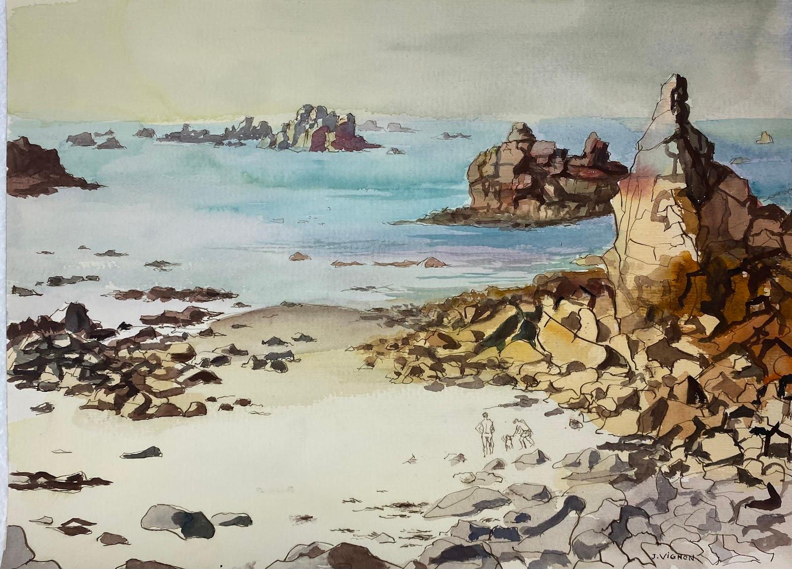 Josine Vignon Landscape Art - Post-Impressionist Watercolour Painting Rocky Shore & Blue Sea Coastal Landscape