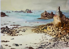 Post-Impressionist Watercolour Painting Rocky Shore & Blue Sea Coastal Landscape