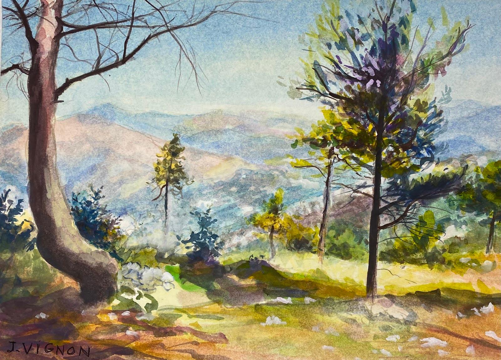 Josine Vignon Landscape Art – Postimpressionistisches französisches Aquarellgemälde Trees And The Valley