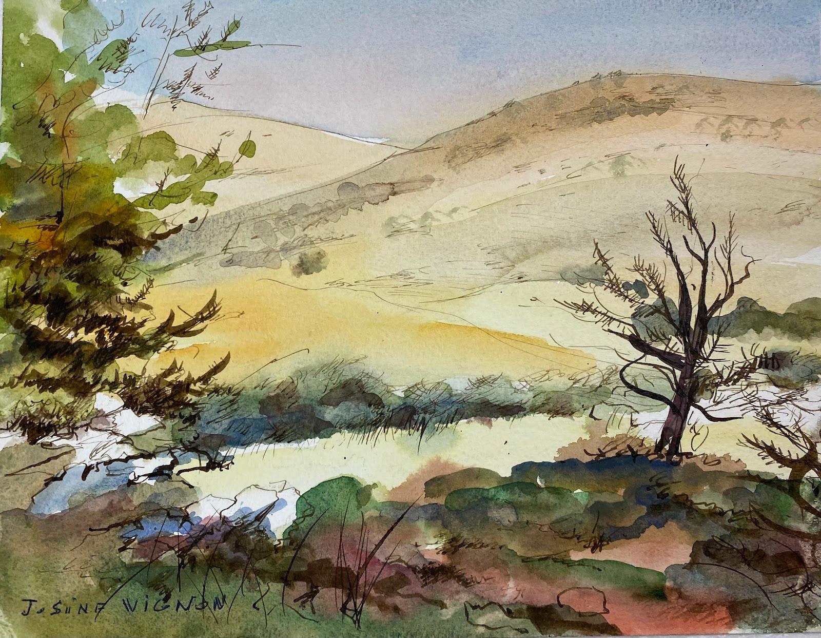 Josine Vignon Landscape Art - Post-Impressionist French Watercolour Painting Bare Trees With Open Landscape