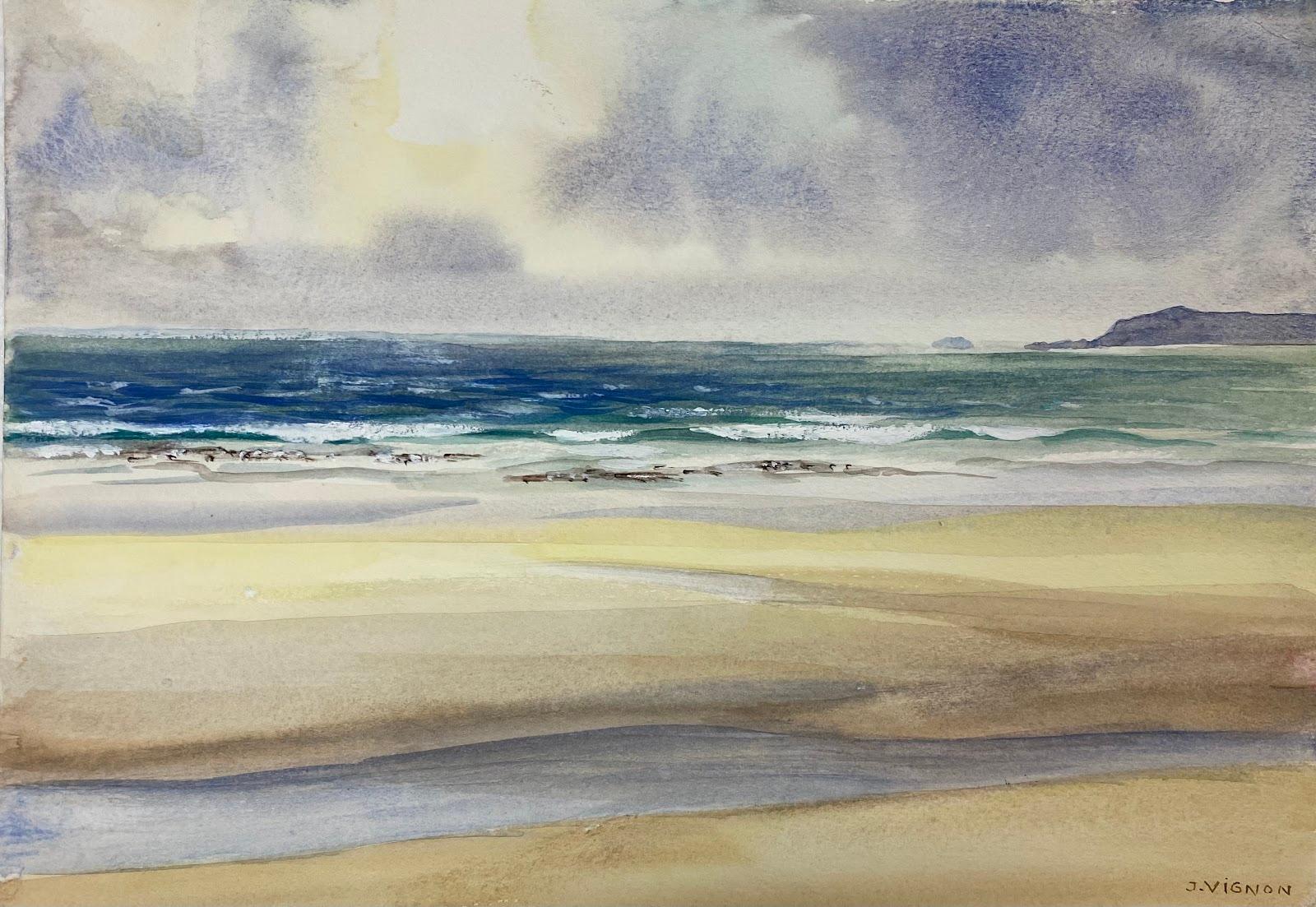 Pittura acquerellata francese post-impressionista Sole che scruta la scena della spiaggia