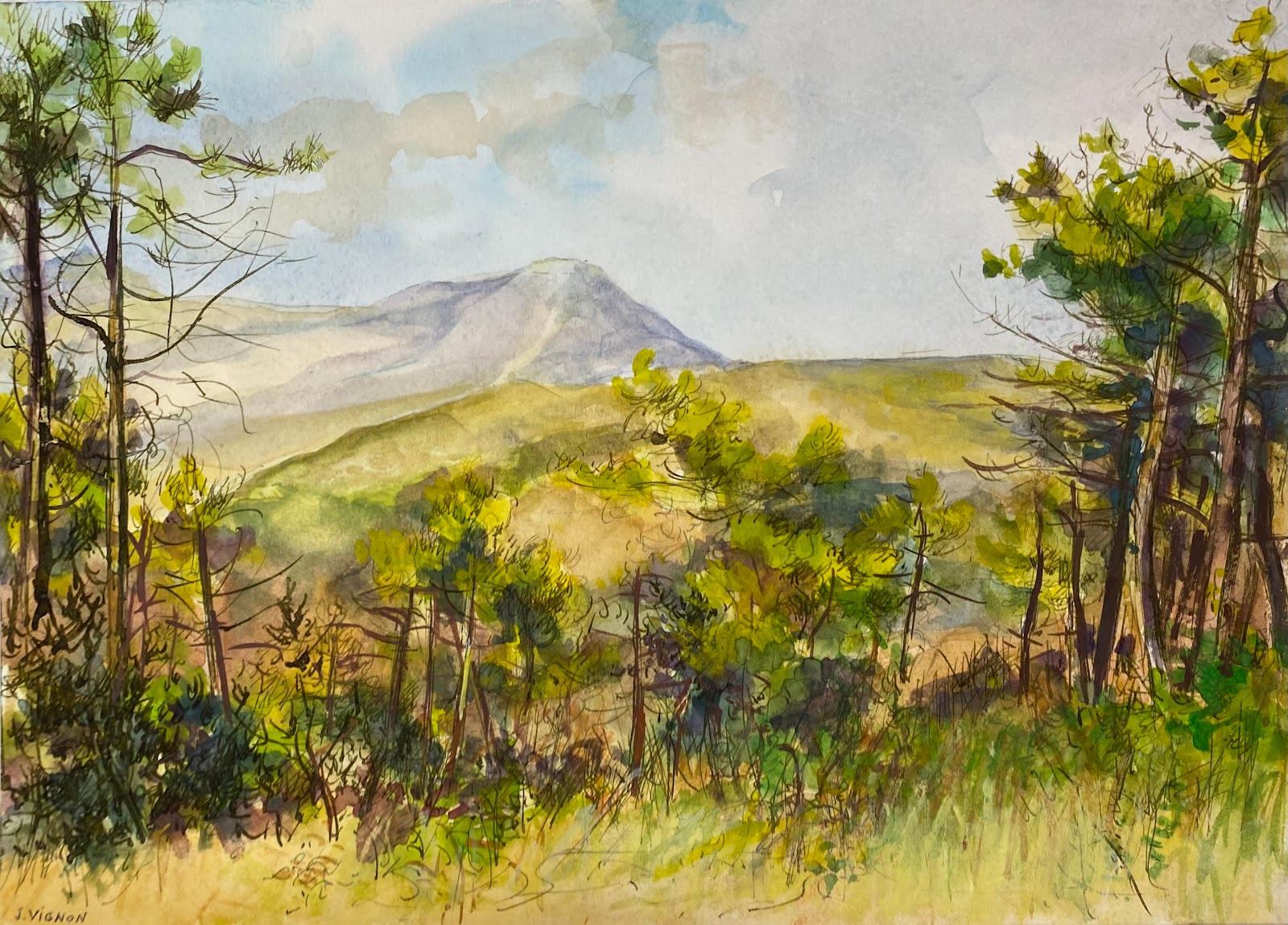 Josine Vignon Landscape Art – Postimpressionistische französische Aquarellmalerei Laub und Bäume Berglandschaft