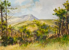 Peinture à l'aquarelle française post-impressionniste - Paysage de montagne feuillagé et d'arbres