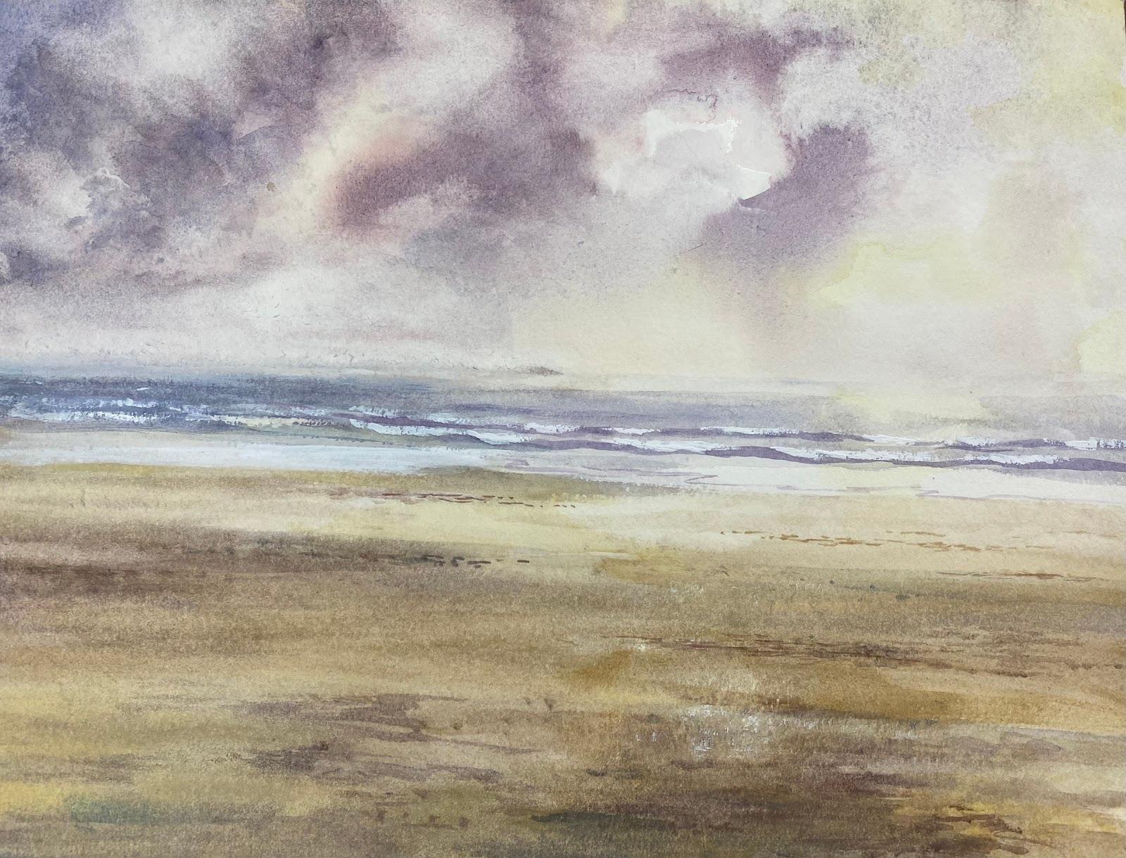 Josine Vignon Landscape Art – Postimpressionistisches französisches Aquarellgemälde, Sand, gebürstete Himmelslandschaft