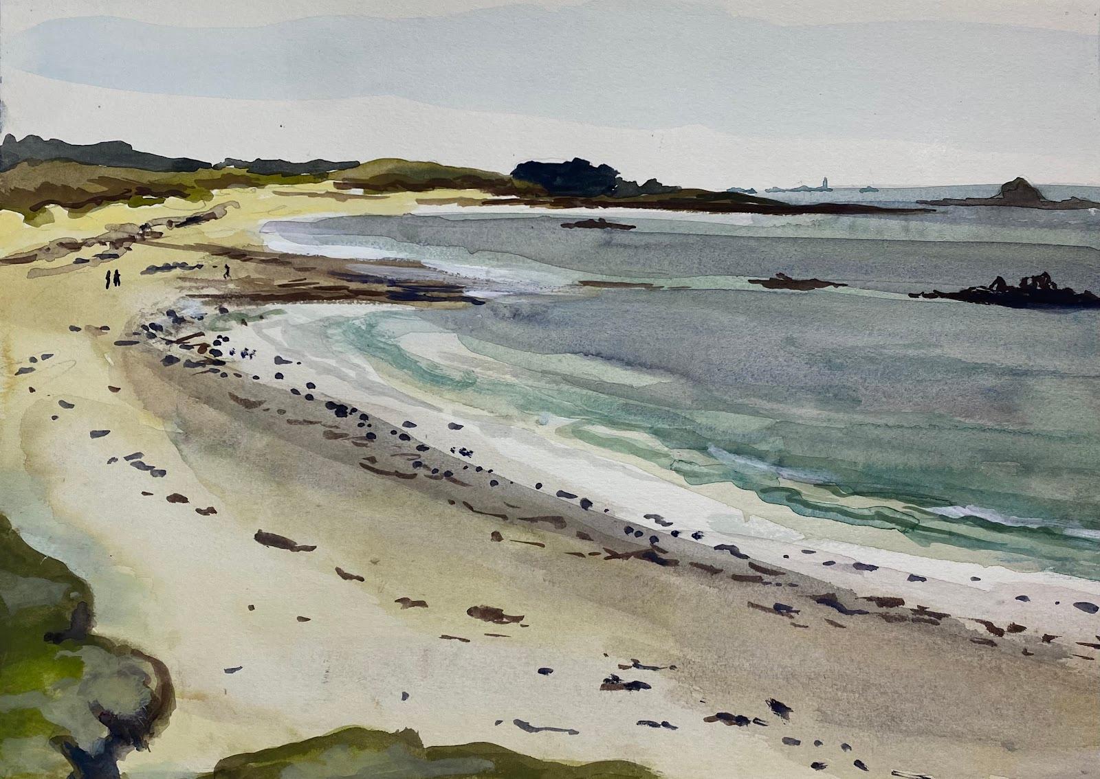 Josine Vignon Landscape Art - Post-Impressionist Watercolour Painting Seafront Landscape Water Lapping In Cove