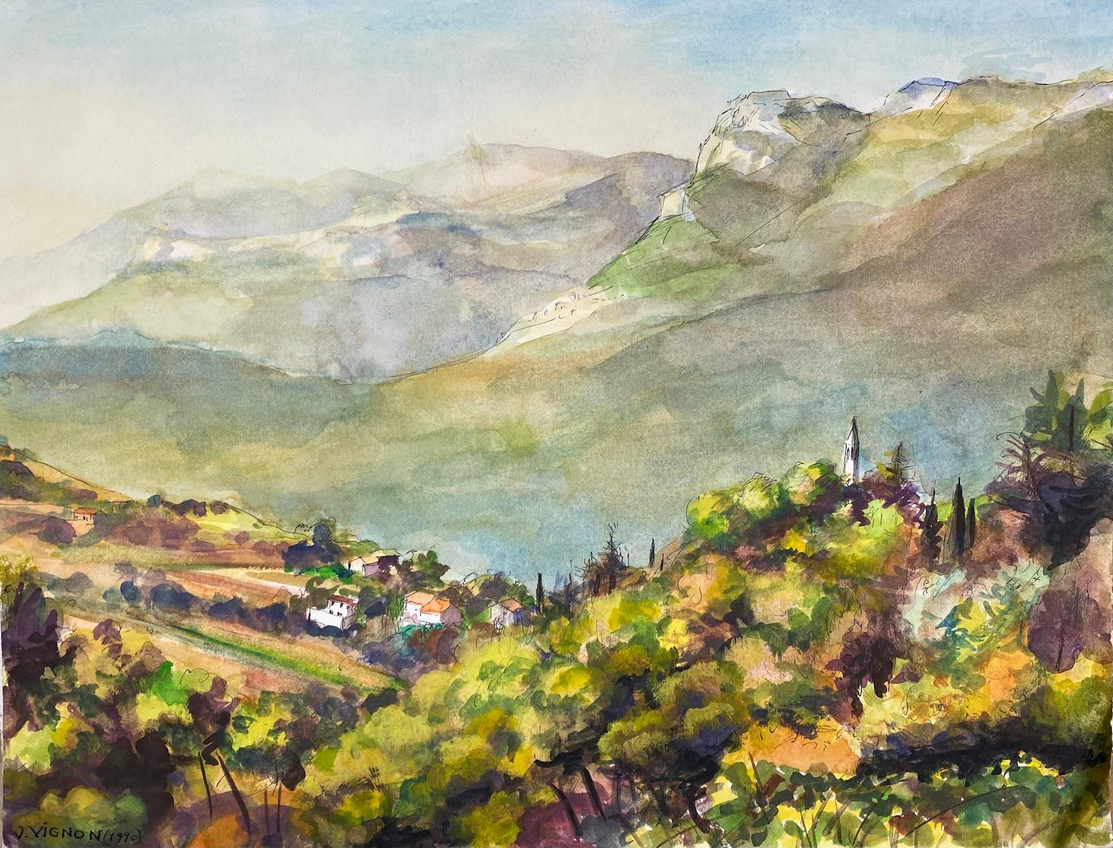 Josine Vignon Landscape Art – Postimpressionistisches Aquarellgemälde „Die Hügel von Baou De Saint-Jeannet“, Nizza