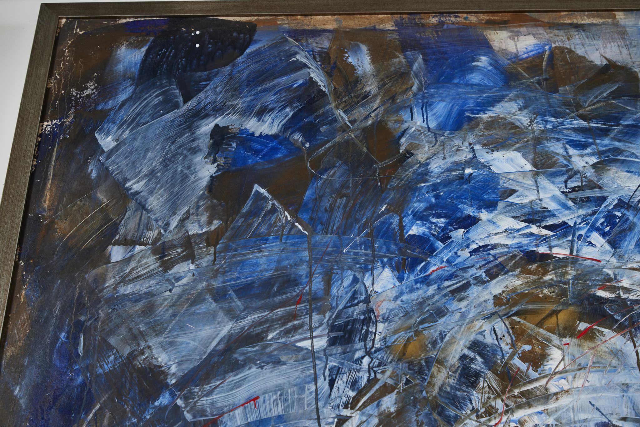 A grand-scale, signed and dated, hand-painted, expressive oil-on-canvas painting by listed French artist, Dominique Dehais (b. 1950). The vivid composition in cobalt, white, gray and black, held in a bespoke, silver gilded frame. Dehais is a