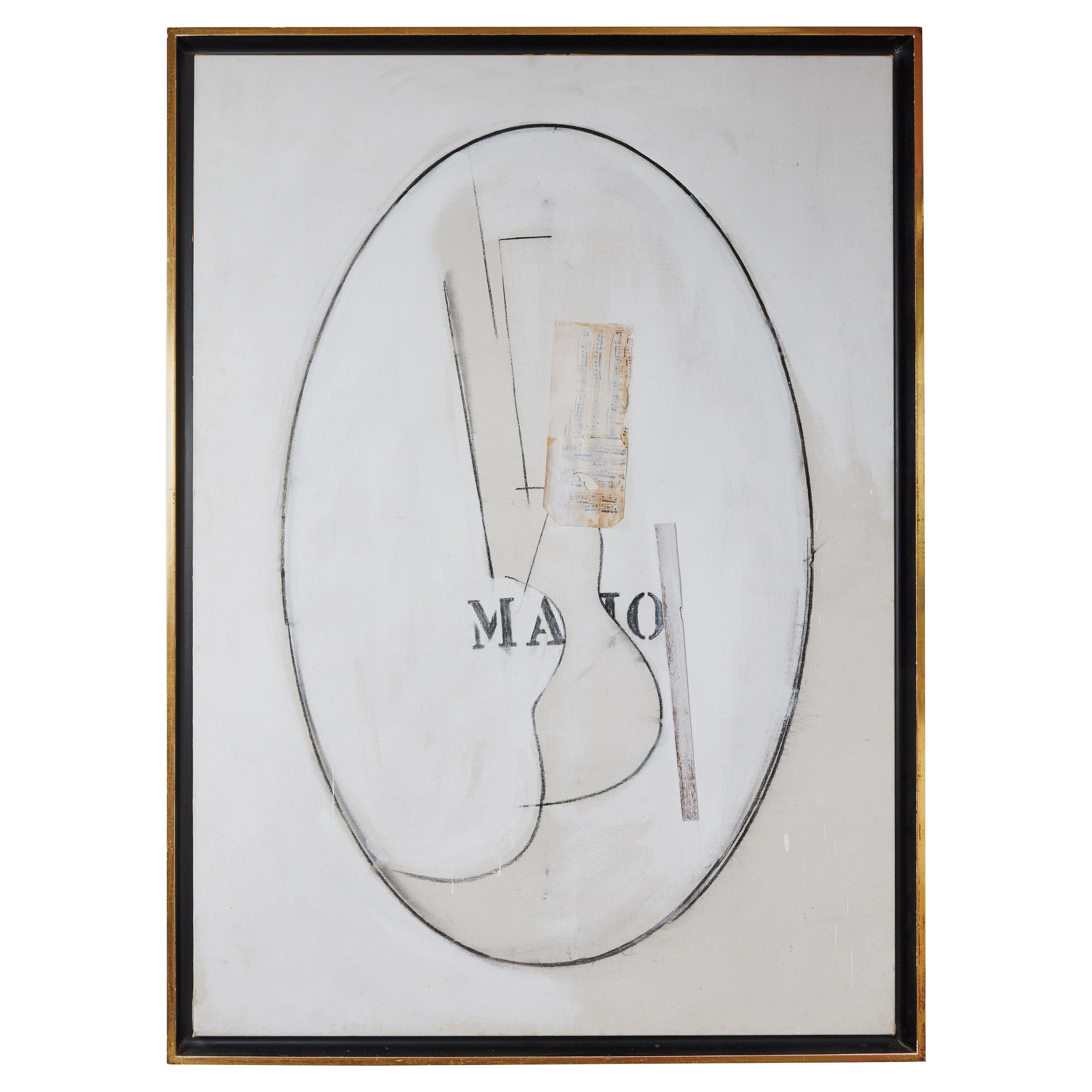 A signed, dated, 1970’s, acrylic, charcoal, paper and jute collage-on-canvas by notable, listed American artist, Stephen Edlich (1944-1989). Inscribed Majo, 1976-1977 on the reverse. Select public collections: Art Institute of Chicago, IL; The
