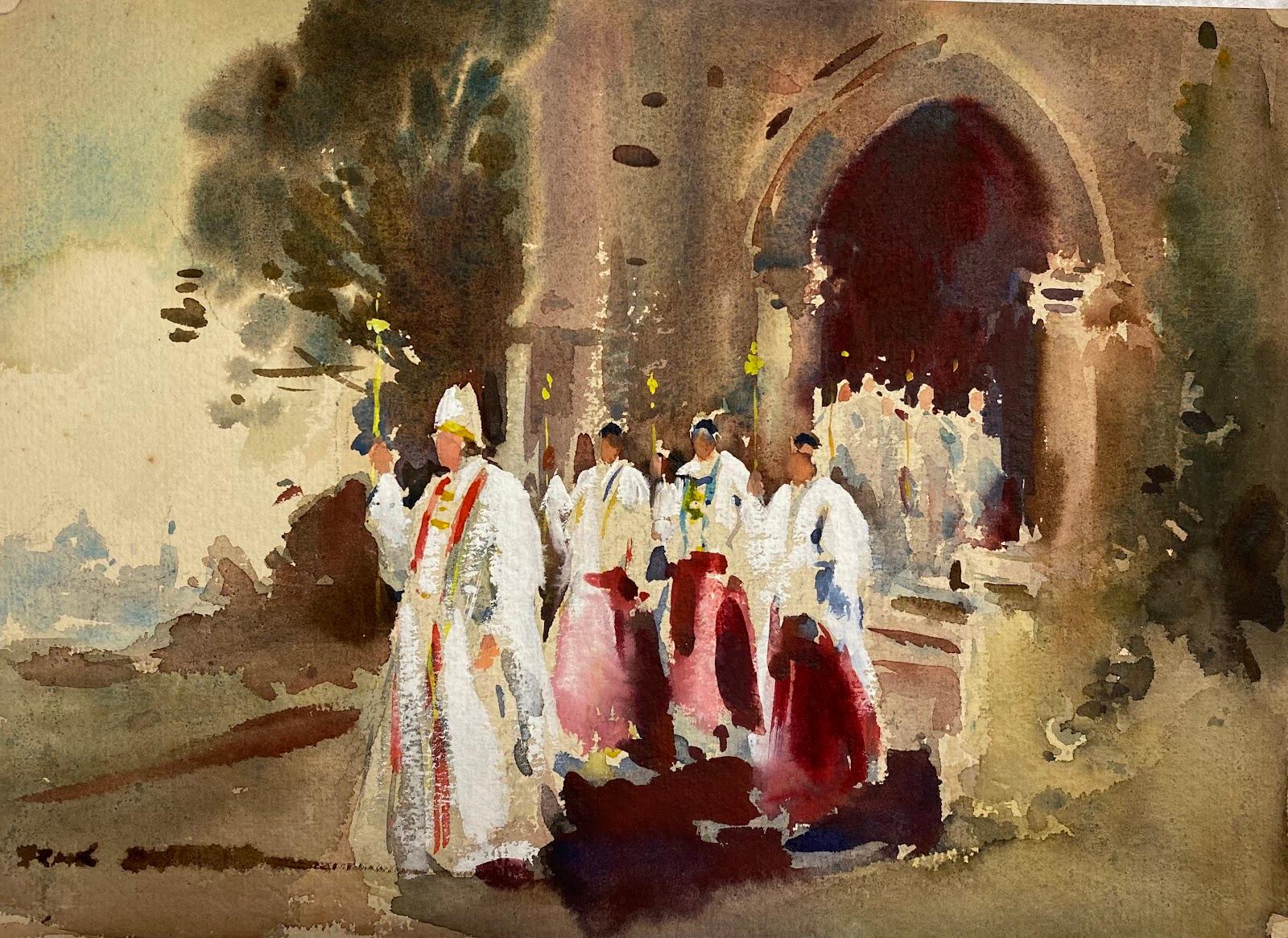Frank Duffield Landscape Art - British Impressionist Painting Religious Figures Exiting The Church 