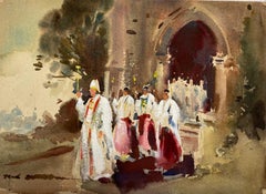 British Impressionist Painting Religious Figures Exiting The Church 
