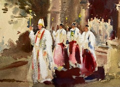 British Impressionist Painting Religious Figures Exiting The Church