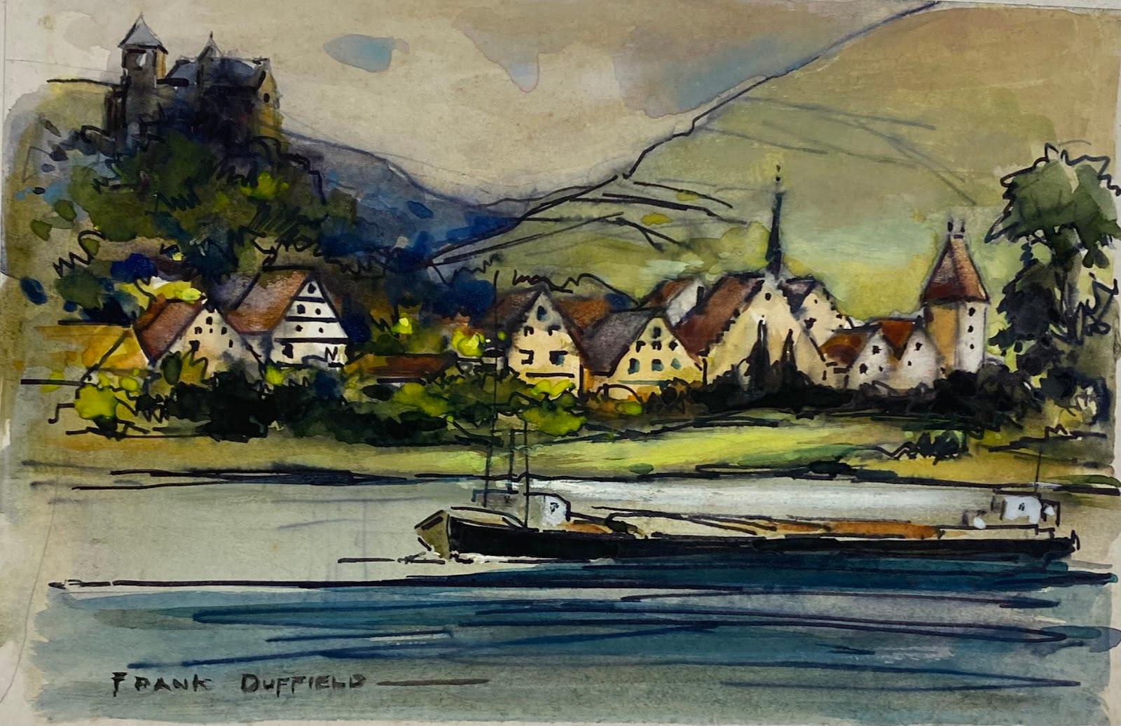 Frank Duffield Abstract Drawing – Impressionistische britische Dorf- und Kanalszene aus der Mitte des 20. Jahrhunderts 