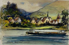 Retro British Mid 20th Century Impressionist Painting Village And Canal Scene 
