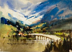 Retro British Impressionist Painting Blue Sky River Landscape