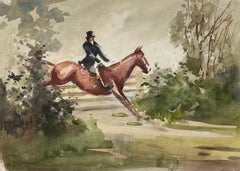 British Mid 20th Century Impressionist Painting Sunday Hunt Jumping The Fence
