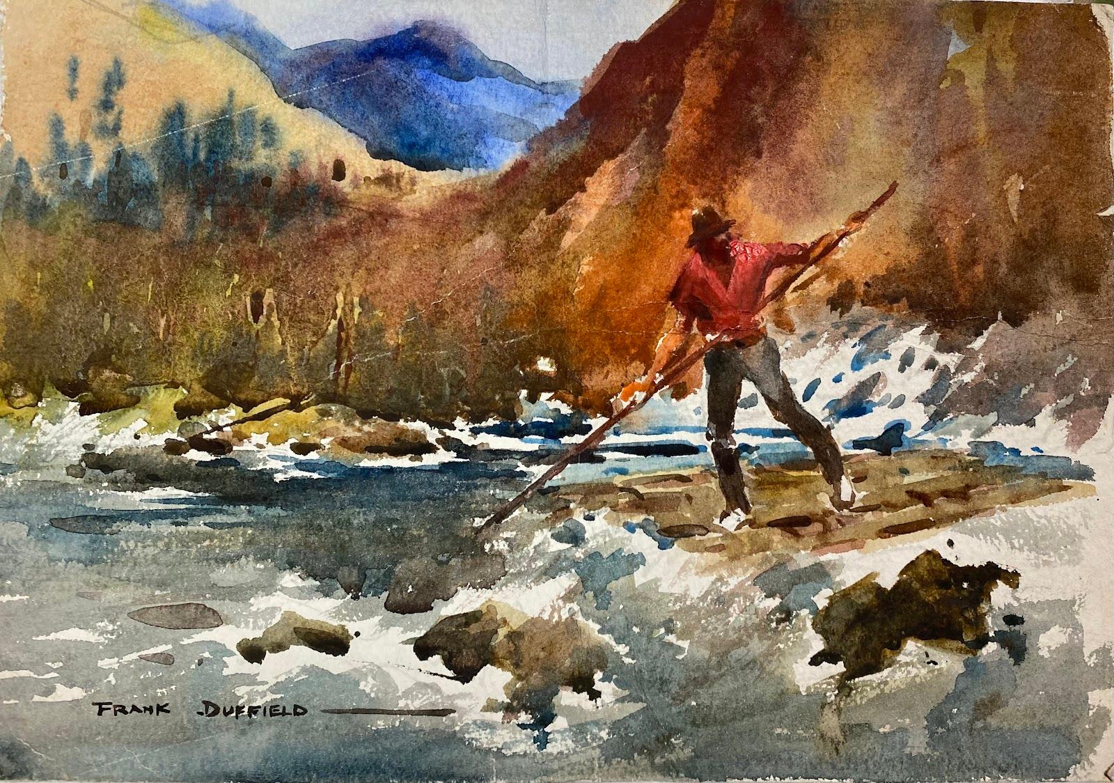 Frank Duffield Landscape Art - British Impressionist Painting Man Fishing With Spear