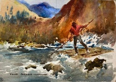 British Impressionist Painting Man Fishing With Spear