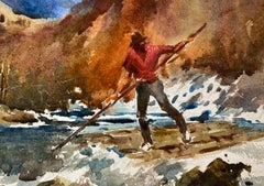British Impressionist Painting Man Fishing With Spear