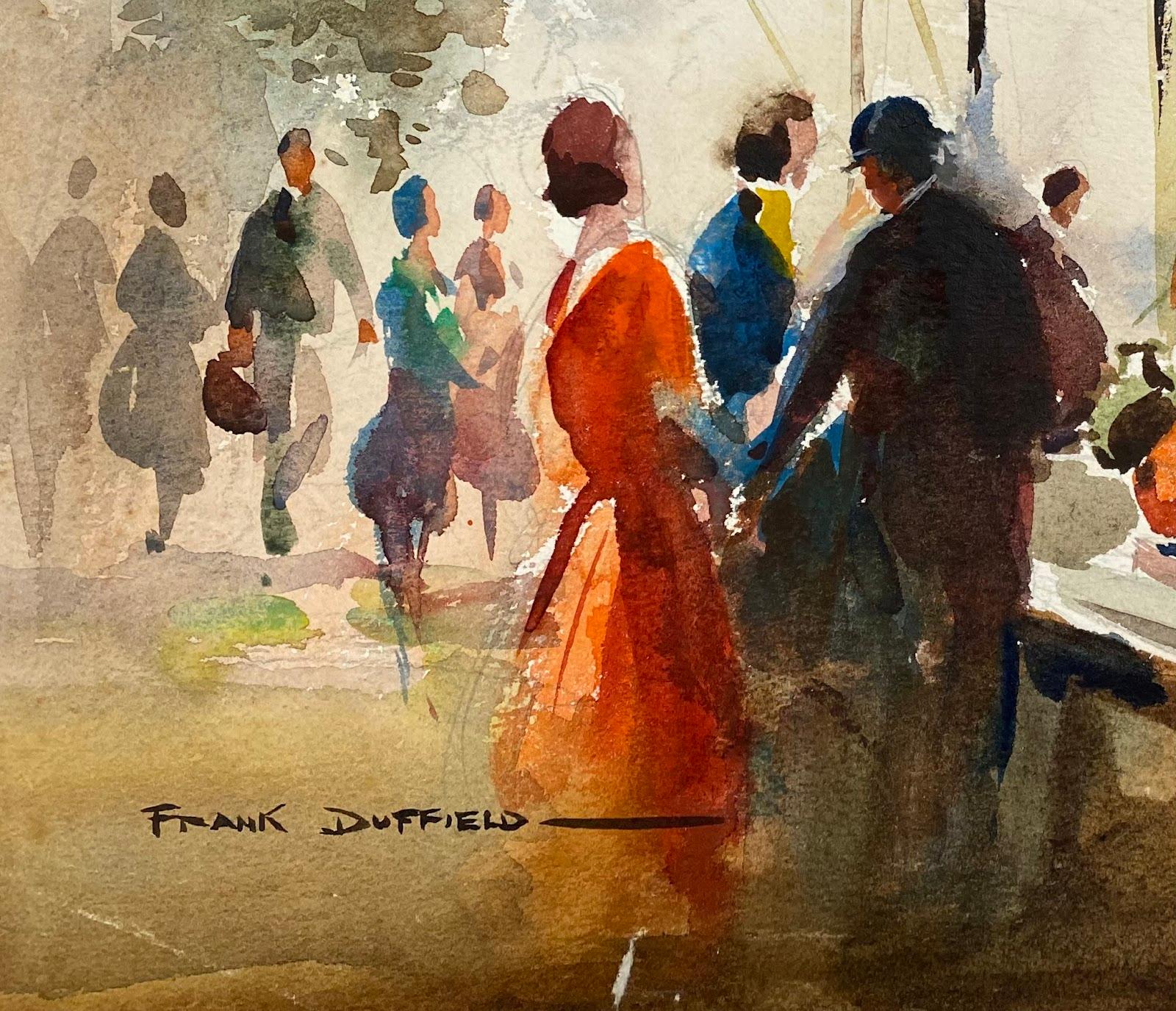 British Mid 20th Century Impressionist Painting Figures At Antique Market  - Art by Frank Duffield