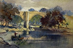 Retro British Impressionist Painting Bridge Behind Fishing Boat 