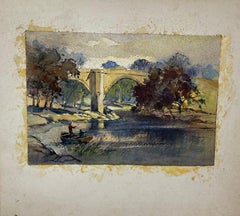 British Impressionist Painting Bridge Behind Fishing Boat