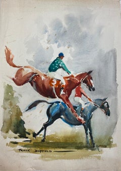 British Mid 20th Century Impressionist Painting Jockeys Jumping The Fence